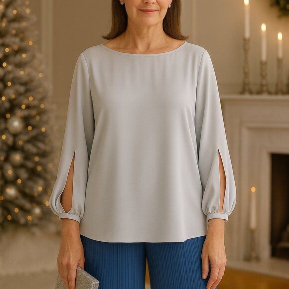 Eileen Fisher Tops - Eileen Fisher Silk Split Sleeve Blouse Light Blue Gray L NWOT Minimalist Top